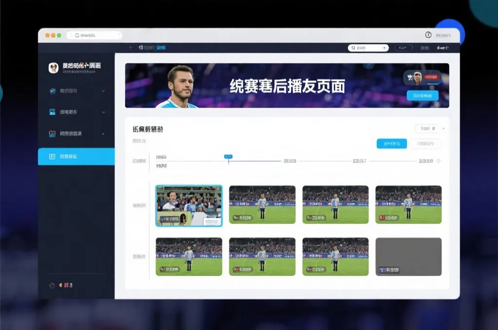 比赛结束后，电视屏幕展示集锦回放页面，旁边有时间轴和多角度切换提示